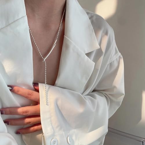 925 sterling Silver Lariat Necklace, Punk Silver Lariat Necklace For Women, Charm Copper Beaded Chain Necklace Y Shape Jewelry, long necklaces for women boho, drop necklaces for women