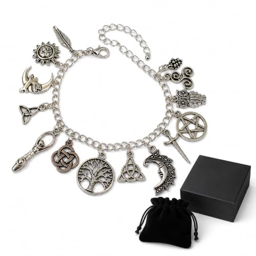 Vintage Witchy Charm Bracelet,Silver-Tone Gothic Boho Celestial Pagan Wiccan Jewelry With Moon Sun Tree Of Life Pentagram Owl Charms,Halloween Friendship Gift Chain For Women