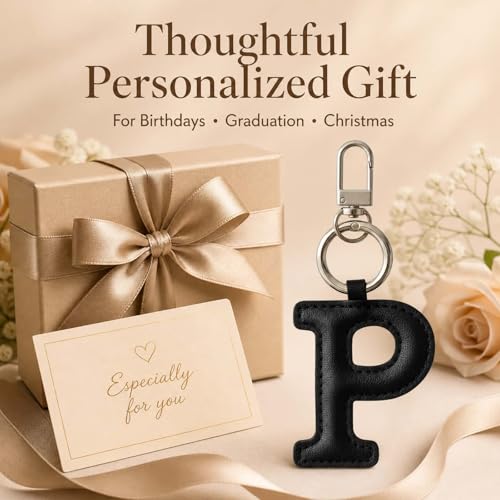 Initial Letter Keychain,Stainless Steel,Colorful Faux Leather Keyring for Backpack,Purse,Car Keys,Gift for Men Women - color: P