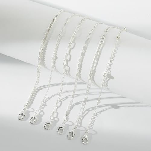 Starain 12Pcs Summer Beach Anklets for Women Waterproof Gold Silver Chain Ankle Bracelets Cute Women's Foot Anklet Set 7.9-10.5 inch Adjustable - color: 12Pcs Silver Anklets