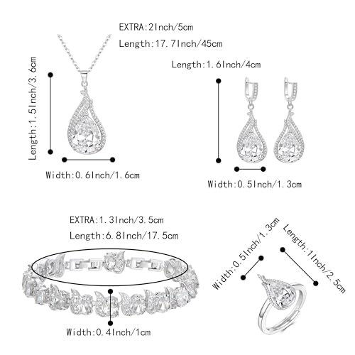 Jewelry Set for Bride, Sparkling Water Drop Cubic Zirconia Crystal Pendant Necklace Leverback Earrings Tennis Bracelet Adjustable Ring Gift for Wedding/Birthday/Mother's Day/Christmas - color: 17-Clear