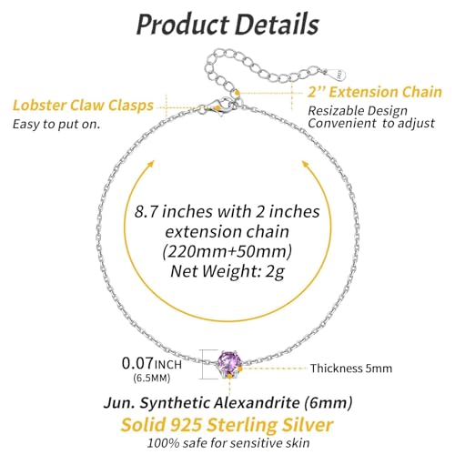 ChicSilver 925 Sterling Silver Anklets for Women, Simple Dainty Round/Heart Birthstone Ankle Bracelet Beach Foot Jewelry, 8.7-10.7 Inch Adjustable - color: 06. Round - June(Alexandrite)