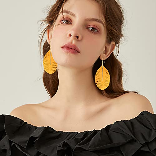 YUNXI Large Genuine Soft Leather Handmade Fringe Feather Lightweight Leaf with Simple Drop Metal Bar Tear Drop Dangle Color Earrings for Women - color: Yellow
