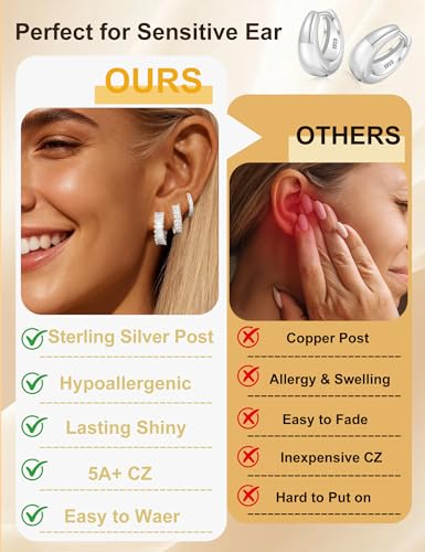 Small Gold Earring Stack Trendy 925 Sterling Silver Earrings for Women Hypoallergenic 14K Gold Plated Cubic Zirconia Stud Hoop Non Tarnish Huggie Hoop Earrings Set for Multiple Piercing Jewelry Gift - style: Silver: 3 Pairs of CZ Hoops