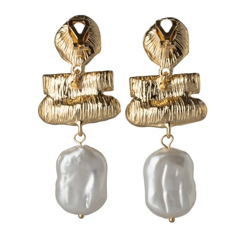 Non Pierced Gold Tone Clip On Gold Textured Baroque Simulated Pearl and Crystal Drop Dangling Earrings