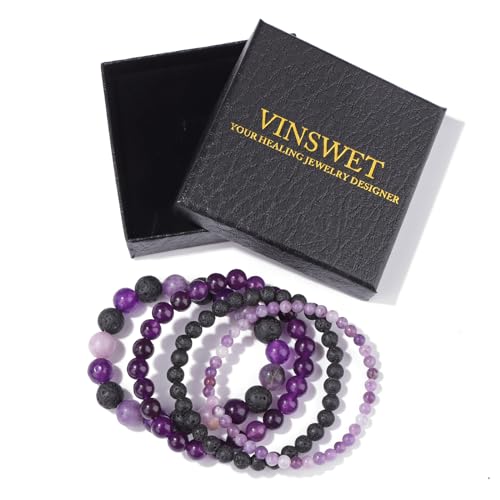 Vinswet 4pcs Beaded Bracelets for Women,Natural Healing Crystal Gemstones Bracelet,Anxiety Stress Relief Bracelet Handmade purple Jewelry Gifts for Women - color: Lepidolite&Lava Rock&Amethyst