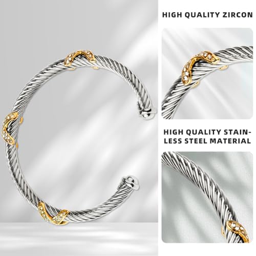 Twisted Cable Cuff Bracelets for Women 5mm Stainless Steel Cuff Bangle Bracelet Designer Inspired Jewelry Valentine Day Gift - color: C Silver & Gold