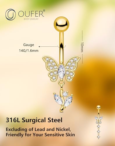 OUFER Gold Belly Button Ring, 14G Butterfly Dangle Belly Button Piercing, Pave Clear CZ Belly Rings, 316L Surgical Steel Navel Belly Piercing Jewelry For Women - style: Leaf Dangle