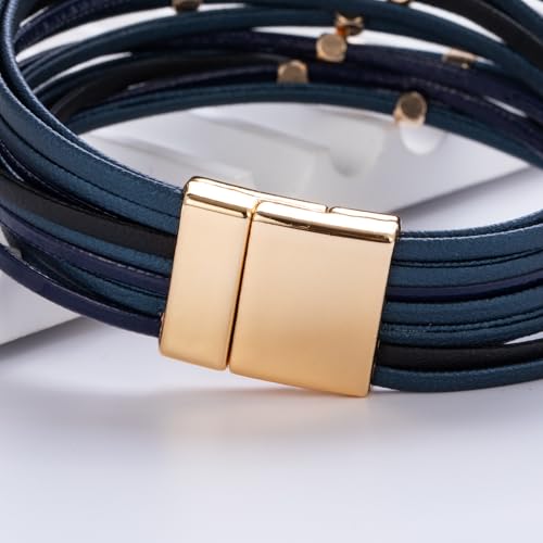 Stackable Beaded Leather Wrap Bracelet Boho Western Country Beach Jewelry | Layered Bead Stack Multi Strand Magnetic Clasp Cuff Bangle Bohemian Hippie Cowgirl Fashion Summer Vacation Outfits for Women - color: Blue