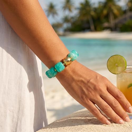 WOWORAMA Chunky Beaded Bracelets for Women Colorful Large Square Beads Bracelet Boho Acrylic Resin Stretch Bracelets Statement Chunky Bracelet Summer Jewelry - color: Square-Lake Blue