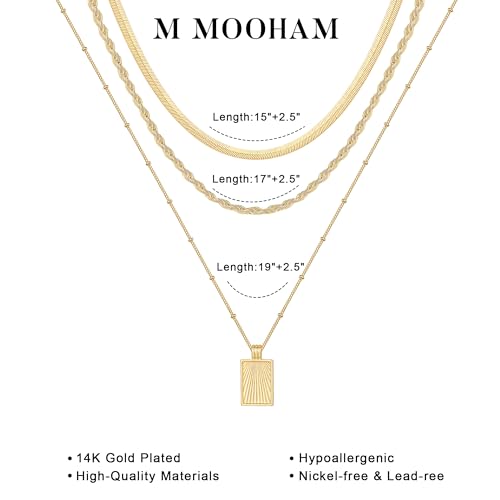 M MOOHAM Layered Gold Necklaces Stack for Women No Tarnish | 14K Gold Plated, Stackable Pendant Necklace Set, Snake Rope Cuban Paperclip Chain, CZ Coin Pendant, Dainty Jewelry Gifts - color: 3 Layered Snake Rope Square Pandent-Gold
