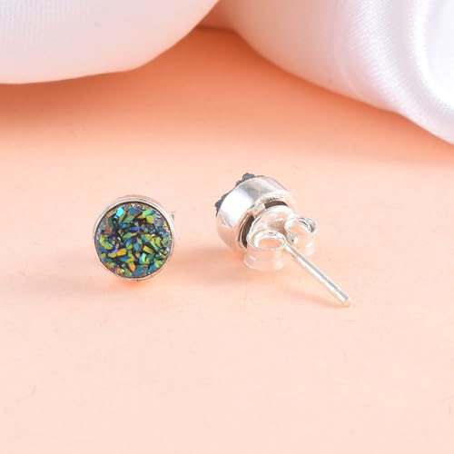5 MM Natural Gemstone 925 Sterling Silver Hypoallergenic Studs Earrings Jewelry for Women Dainty Trendy Antiqued Silver Birthstone Earrings Jewelry Gifts for Women and Her - color: Green Druzy