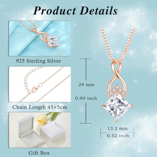 Infinity Necklace 925 Sterling Silver Princess Cut Pendant Birthstone Jewelry for Women - color: Golden Rose