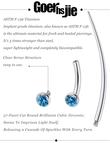 F136 Titanium 16g 6/8/10mm Eyebrow/Rook/Snug/Vertical-Labret/VCH/Snake-Eyes/Anti-Tragus/Christina/Daith/Belly-Button/Bridge/Hood/Surface Curved Barbell Piercing Jewelry for Women Men - color: Ocean Blue, size: 6 mm (1/4 in)