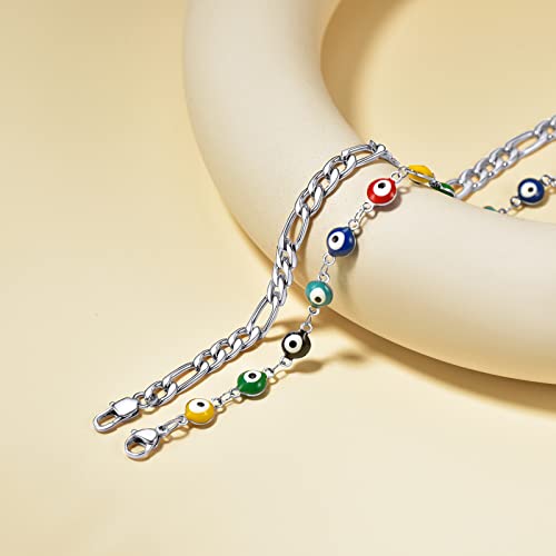 Supcare Evil Eye Anklets for Women,Cuban/Figaro/Mariner/Snake Chain Layered Ankle Bracelet Gifts (with Gift Packing) - color: 02-layered curb steel