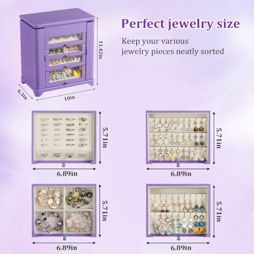 Large Jewelry Box & Organizer for Women, Wooden Jewelry Storage with 4 Transparent Drawers, Holds Necklaces, Rings, Bracelets, Earrings and Watches(Purple) - color: Purple