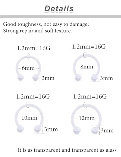 18G 16G 14G Plastic Septum Rings Flexible Lip Rings Hoops Septum Nose Rings Smiley Piercings Acrylic Horseshoes Cartilage Helix Rook Daith Earrings Piercing Retainer for Work 8mm 10mm 12mm - color: 16G-Dia:6mm 8mm 10mm 12mm-Bars:3mm