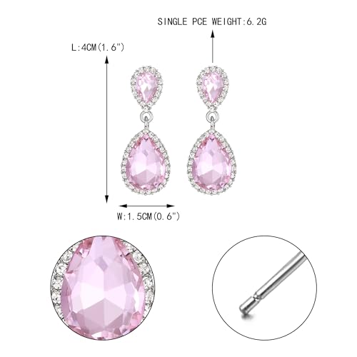 EVER FAITH Women's Austrian Crystal Wedding Tear Drop Dangle Earrings | Bridal Prom Jewelry for Bride Bridesmaid - color: Pink Silver-Plated-Base