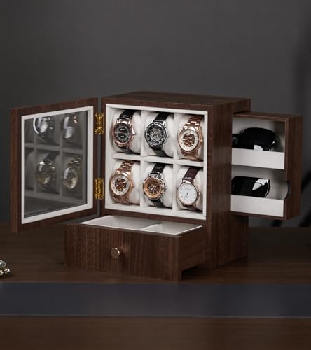 Homde Wooden Watch Box for Men: Display Case with 6 Slots | Organizer for Watches Glasses Jewelry - Nightstand Dresser Display-Clear Dustproof Window for Easy Viewing (M Size) - size: M