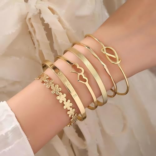 Gold Bangle Bracelet, 6 Pcs Layer Stackable Cuff Bracelet Set, 14K Gold Plated Dainty Layered Chain for Women (Gold)