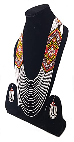 Handmade Native American Style Tribal ethnic Seed Bead Beaded Layered Medallion Necklace - color: White
