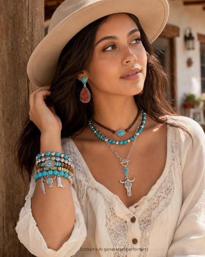 3Pcs Western Turquoise Jewelry Set Necklace Earrings Bracelet | Western Boho Style | Turquoise Beaded | Ox-Head Pendant | Layered Necklace | Faux Leather Cuff | Personalized Gift - color: Color-2