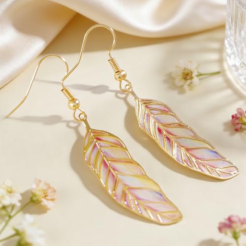 Metal Feather Leaf Drop Earrings Large Pink Leaf Shape Dangle Earrings Boho Holiday Outfits