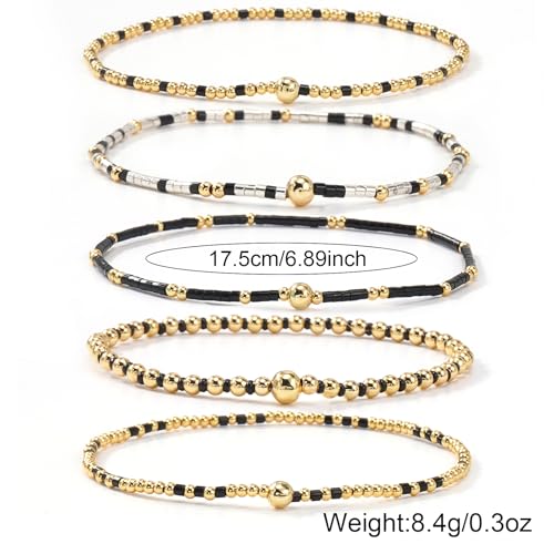 14K Gold Plated Beaded Bracelets Stack Set for Women,Stretch Boho Ball Jewelry Friendship Trendy - color: Gold Black Beaded