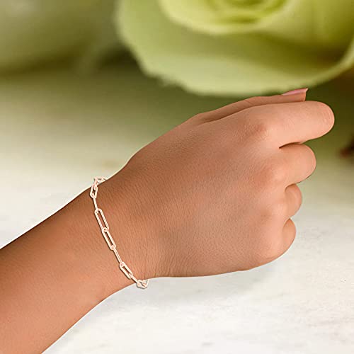 7" Length +1" Adjustable Paper Clip Chain Bracelet for Women | 14K Gold Over Sterling Silver Plain Jewelry - color: rose-gold-plated-silver