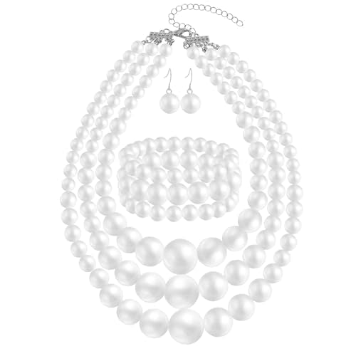 KOSMOS-LI Women's 3 Layer Simulated Pearl Statement 18" Necklace Bracelet and Earrings Jewelry Set Stocking Stuffers - color: white