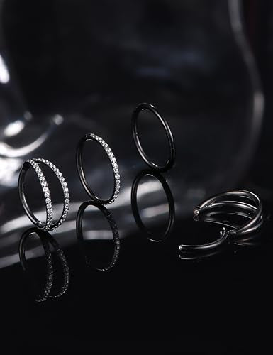 Dochais 4PCS 18G Nose Rings Hoops, Surgical Steel Earrings Tragus Septum Piercing CZ Clicker Ring, Hinged Segment Conch Lip Cartilage Double Hoops 8mm 10mm for Women Men - color: Black, size: 18G(1.0mm),10mm