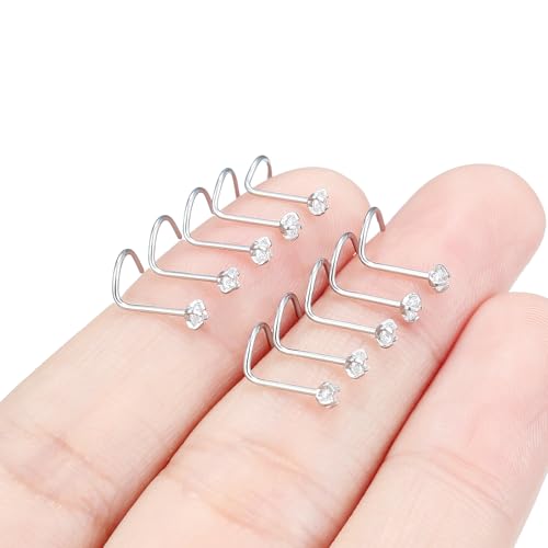 Hoeudjo Nose Studs Surgical Steel Cubic Zirconia Nose Rings Kit for Women Men Tiny Nose Stud Bone & Screw & L Shaped Nostril Piercing Jewelry 24/22/20/18 Gauge 10 Pieces - color: silver-tone,screw nose studs, size: 22g/2mm clear CZ