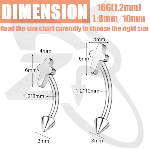 ZS 2 Pairs Stainless Steel Eyebrow Rings, 16G Curved Belly Rings Navel Barbell Helix Daith Tragus Earrings, 8/10mm Spike Vertical Labret Lip Piercing Jewelry - color: Silver,Cross-L:8/10mm
