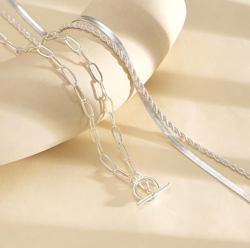Freekiss 3-Piece Layered Toggle Necklace for Women | Gold/Silver necklace set with herringbone, rope, and paperclip chains plus a toggle clasp for layering, parties, and gifts - color: 3-Piece Paperclip Silver
