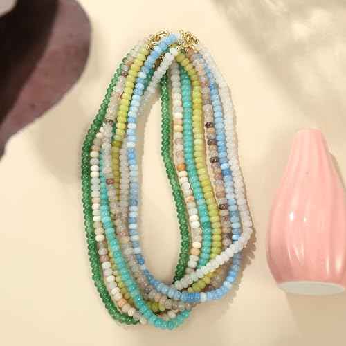 CONRAN KREMIX Colorful Stone Beaded Necklace for Women,Natural Gemstone Bead Choker Necklaces Boho Summer Beach Layering Necklace Jewelry Gift for Women - color: Azure