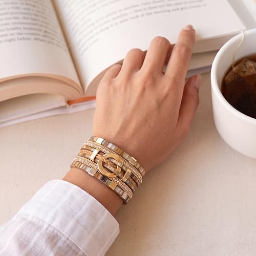 Edoneery Leather Wrap Bracelets for Women, Boho Layered Cuff Bangle | Multi-layer Leather Cuff, Daily wear, Stackable Bangle, Easy on-off, Western Jewelry Gifts for Women - color: Boho-2