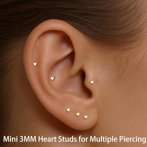 6Pairs 2mm/3mm Surgical Steel Hypoallergenic Piercing Studs, 20G 14K Real Gold Filled Tiny Stud Earrings Set for Multiple Hole Piercing (Cubic Zirconia, Pearl, Ball) - style: T : 3MM, Gold, Heart&CZ, 6 Pairs