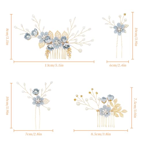 6 Pcs Bridal Hair Accessories French Hair Side Combs and Hair Pins,Gold Wedding Jewelry Headpiece with Rhinestone for Brides Bridesmaids Women Girls(Blue Flower) - color: Blue