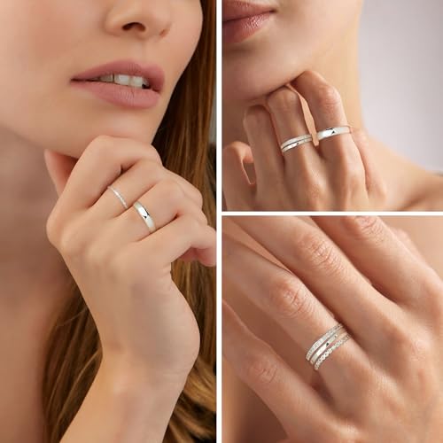 EXGOX Dainty Stackable Gold Rings - 14K Gold Plated, Non Tarnish Cubic Zirconia Stacking & Thumb Knuckle Rings (4pcs Size 7-11) - color: Silver Bands, size: 9