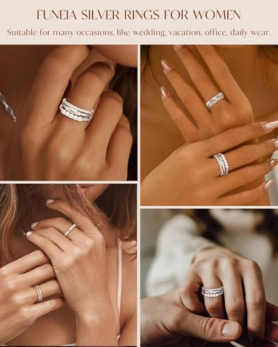 FUNEIA Stackable Silver Gold Rings for Women Non Tarnish 14K Gold Plated Thumb Cubic Zirconia Rings for Women Dainty Pinky Promise Wedding Ring Set Women's Engagement Eternity Band Rings Gold Jewelry - color: D-Silver Cubic Zirconia Rings