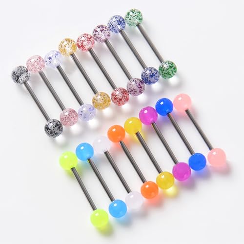 FORUBUS Colorful Tongue Rings Nipple Rings for Women Body Piercing Jewelry 14G 16mm Pierced Barbells Body Jewelry 50Pcs/30Pcs/20Pcs Pack - color: E-16pcs glow steel