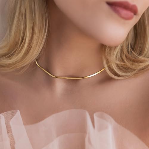 WomenGifts 14K Gold Silver Plated Herringbone Necklace for Women, Dainty Snake Chain Choker, Trendy Simple Long Layered Jewelry Non Tarnish, 3/4/5/8mm,14,16,18,20,22,24,26 Inch Thin & Chunky Options - color: Gold, style: 1.5mm-14inch