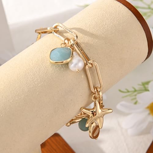 14K Gold & Silver Plated Lightweight Link Bracelet for Women | Stackable Bracelets ,14K Gold Plated Bracelets with CZ,Lightweight Trendy Chain Bracelet Jewelry Gift - style: amazonite