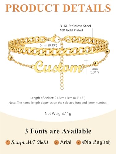 Custom4U Custom Name Anklet Bracelets for Women Waterproof Beaded/Figaro/Cuban/Rope/Wheat Chain Anklet Stackable Gold Plated Non Tarnish Custom Beach Gift Barefoot Summer Jewelry for Her - color: B01-Gold Cuban Chain