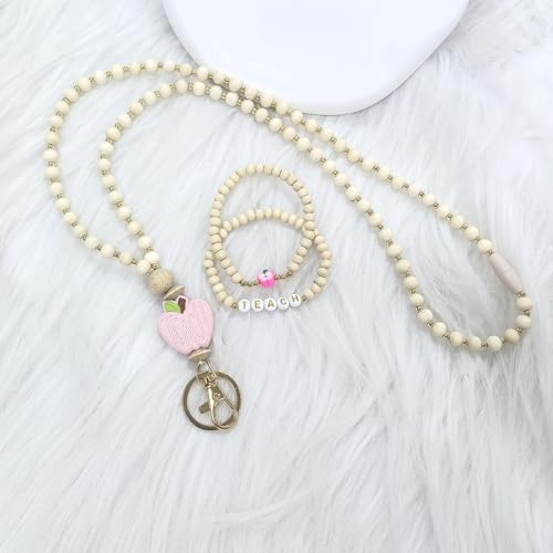 Teacher Appreciation Bracelet Gifts for Women, Stone Beaded Stretch Bracelets Set Thank You Teacher Gifts Retirement Teachers' Day Jewelry - color: Bracelet Wooden Lanyard Set
