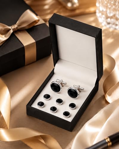 Men's Cufflinks & Tuxedo Studs Set - 316L Stainless Steel Formal Wedding Jewelry, Groomsmen Gift Set with Gift Box - color: 8pcs Silver