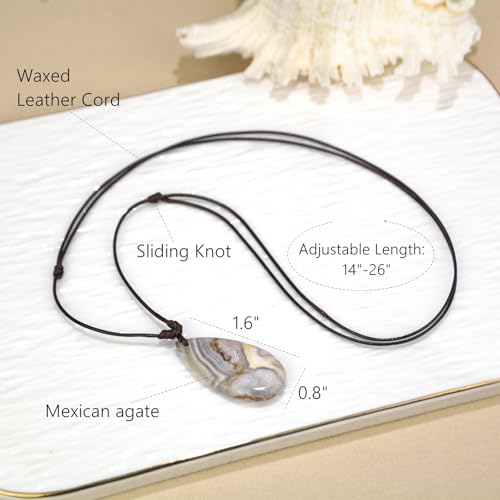 Mexican Agate Necklace, Natural Agat Teardrop Gemstone Pendant Necklace for Women, Adjustable Leather Cord Necklace 14-26 Inch