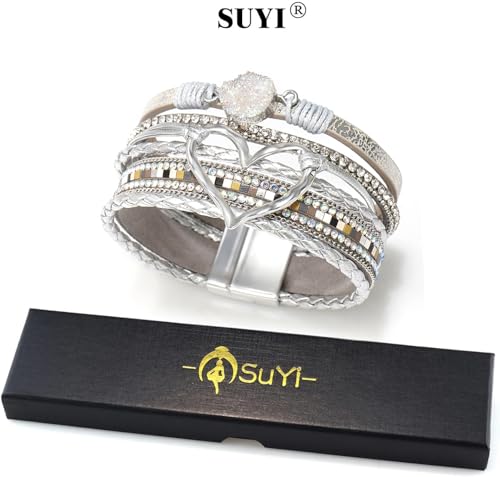 Suyi Multilayer Leather Wrap Bracelet Heart-Shape Wide Bracelets for Women - color: Color Silver