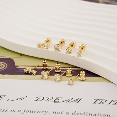 Stud Earring for Women, 14K Gold Silver Plated Hypoallergenic Studs Set | Trendy Cartilage Tragus Helix Clover Flower Earring Stack for Multiple Piercing, Dainty Cute Small Jewelry Gift, Non Tarnish - style: GD-CZ/Climbers-4 Pairs