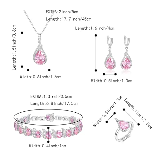 Jewelry Set for Bride, Sparkling Water Drop Cubic Zirconia Crystal Pendant Necklace Leverback Earrings Tennis Bracelet Adjustable Ring Gift for Wedding/Birthday/Mother's Day/Christmas - color: 12-Pink